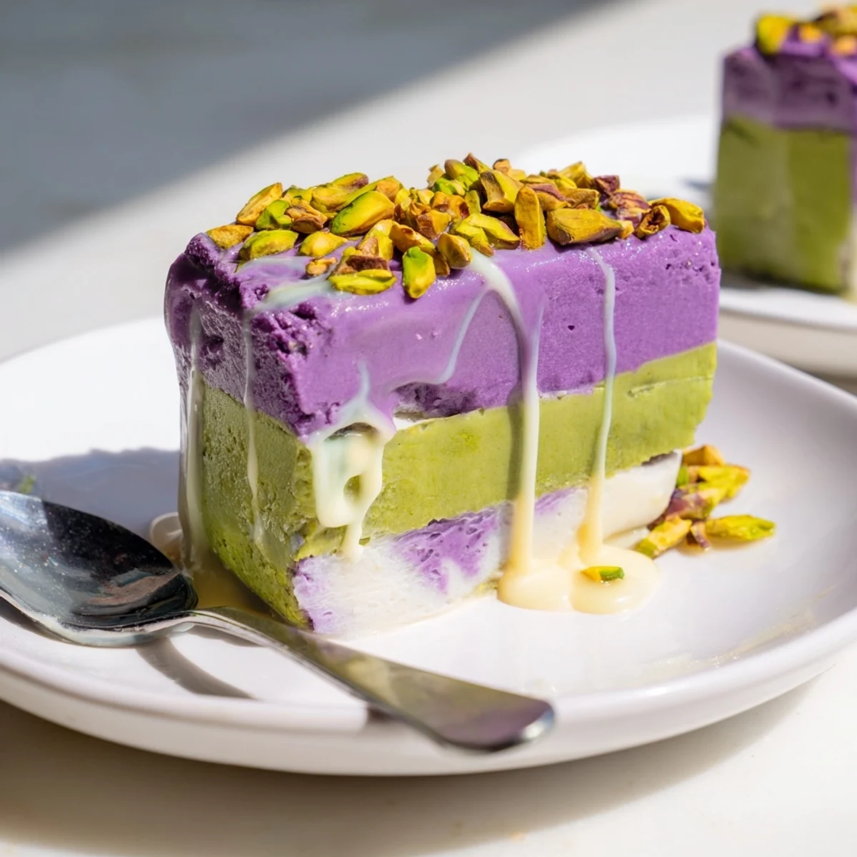 Vibrant ube & pistachio ice cream bars, drizzled with condensed milk and nutty toppings.  