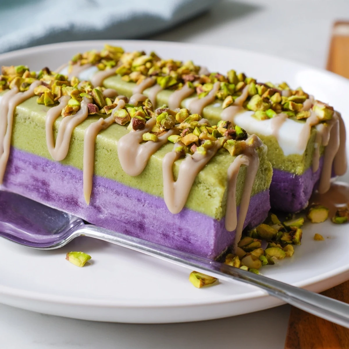 Refreshing ube & pistachio ice cream bars, layered for a delightful flavor experience.
