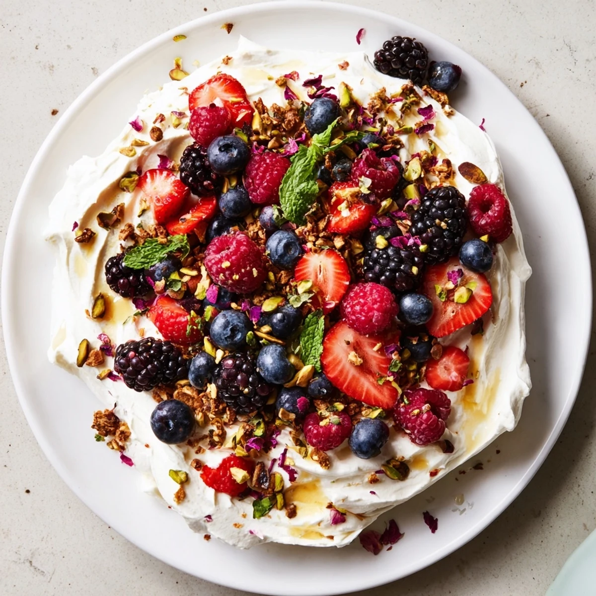Elegant butter board dessert adorned with mixed berries and crunchy pistachios.