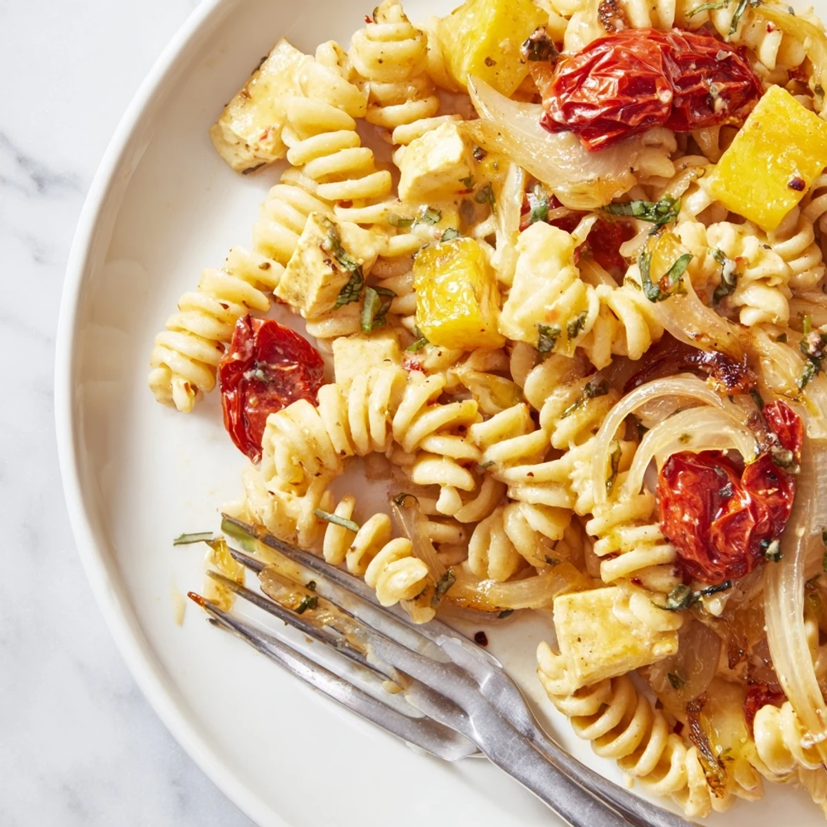 Delicious baked feta pasta bursting with flavors and colorful roasted vegetables.