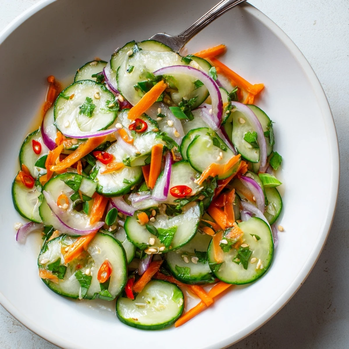 Vibrant cucumber salad remix, garnished with toasted sesame seeds and fresh cilantro.  