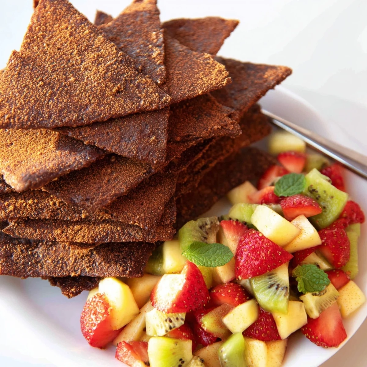 Delicious dessert chips & salsa, combining chocolate crunch and vibrant fruity flavors.