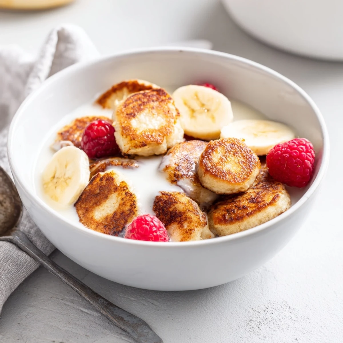Delicious mini pancake cereal, golden brown and fluffy, topped with fresh berries.  