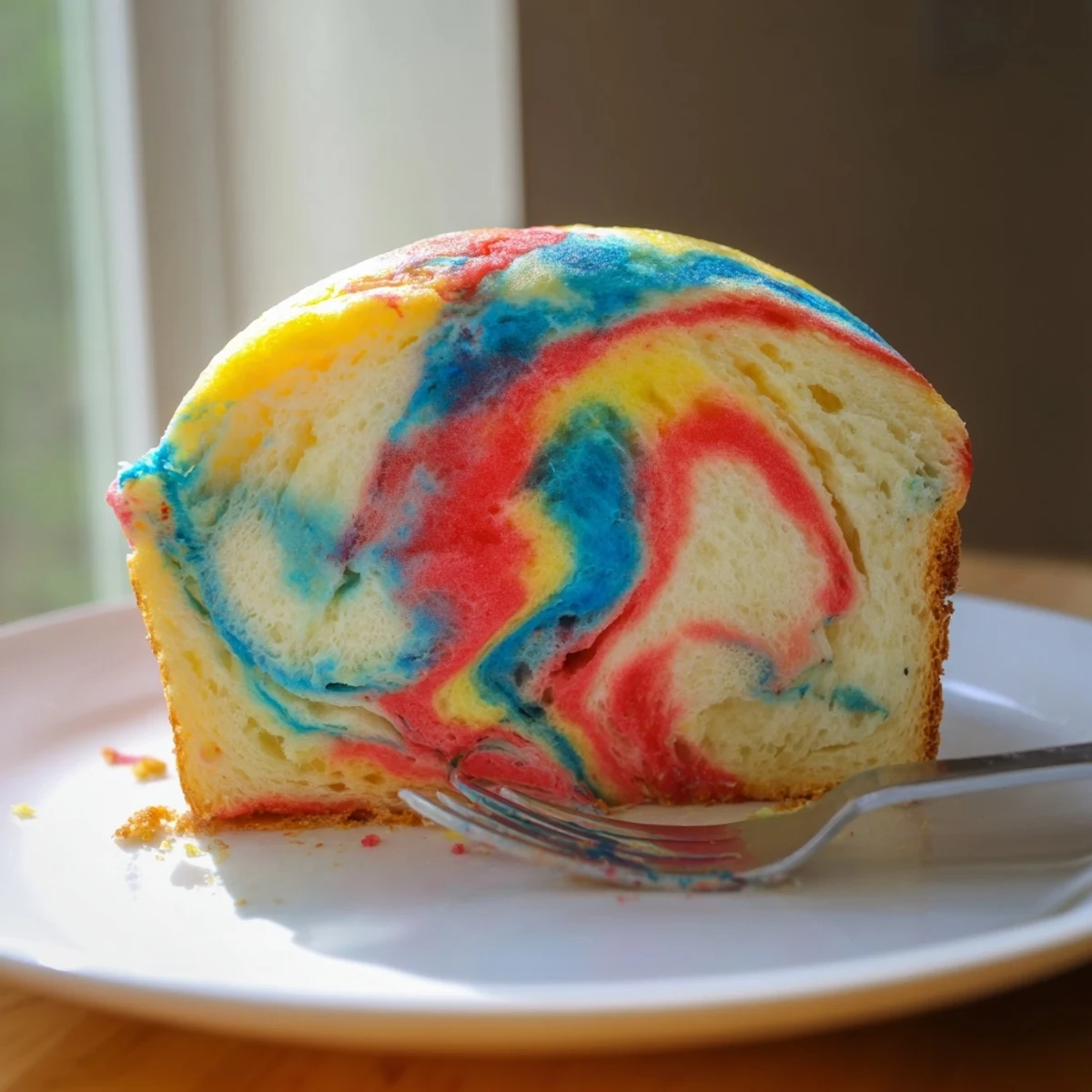 Light and airy Cloud Bread Rainbow Version, drizzled with whipped cream for dessert.
