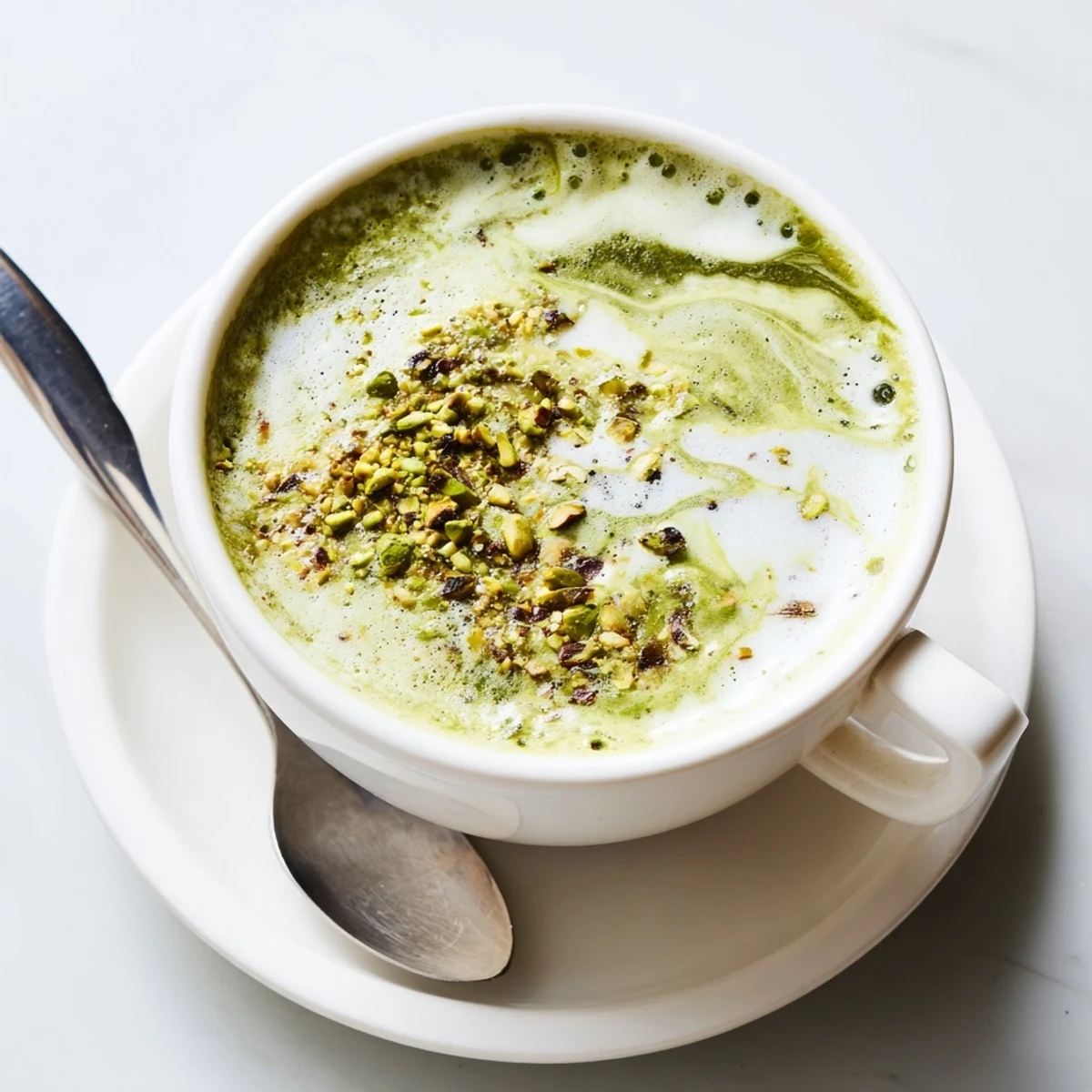 Nutty pistachio milk latte, perfect for a cozy morning coffee experience.