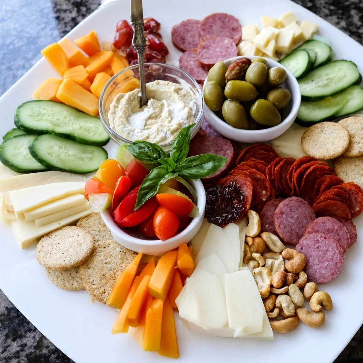 Elegant Girl Dinner Platter brimming with fresh fruits, creamy cheeses, and savory dips.