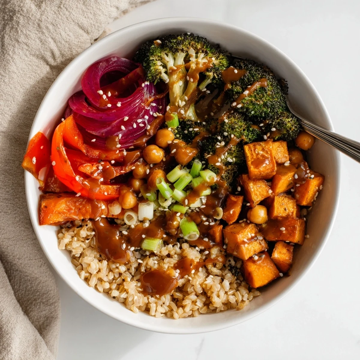 Customizable Bold Sauce Drizzle Bowls with crispy chickpeas and fresh vegetable toppings.