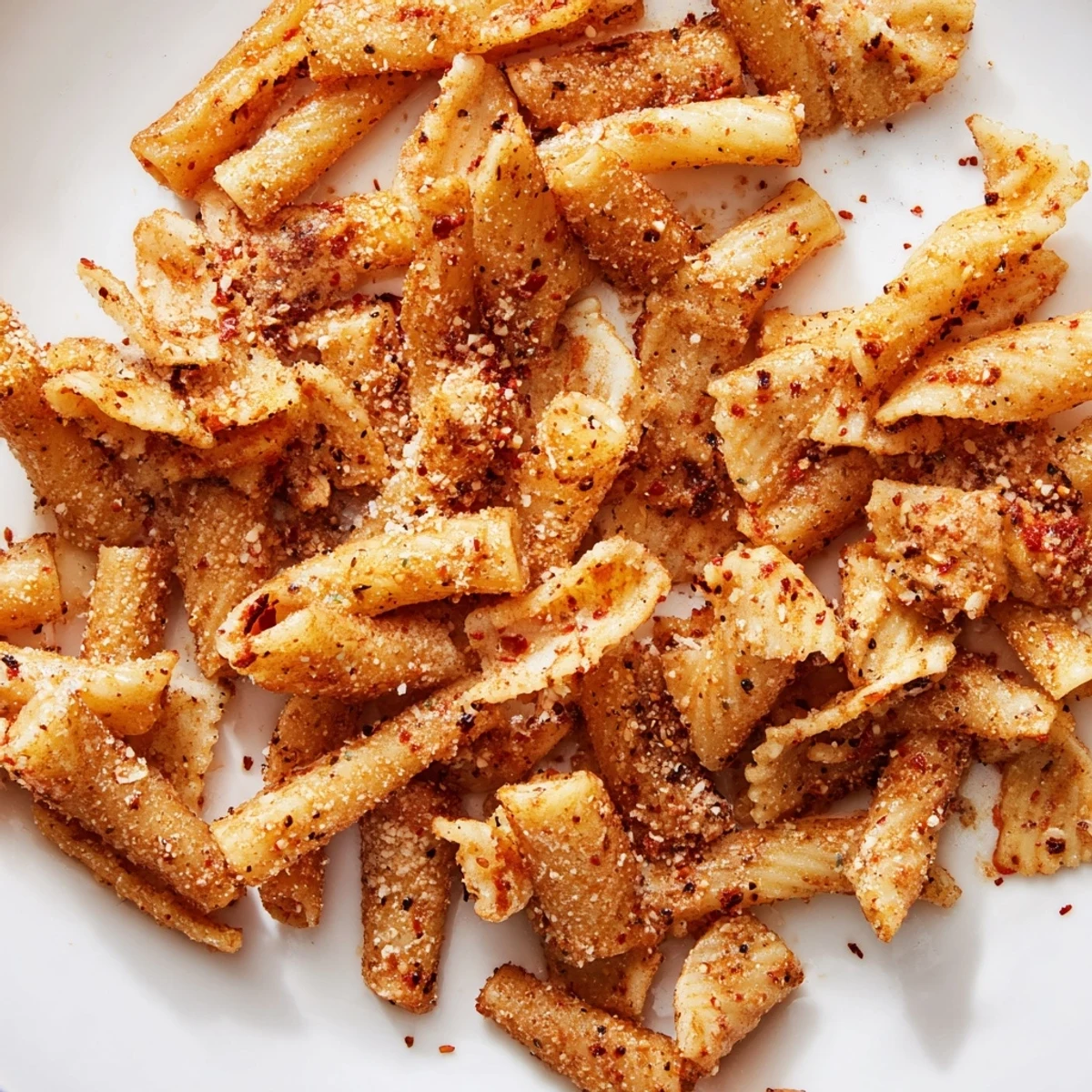 Crispy Pasta Chips Seasoned Variety served warm with savory dips and spices.