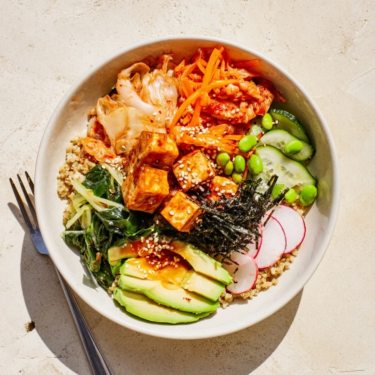 A colorful fermented vegetable bowl with kimchi, fresh greens, and avocado slices.  