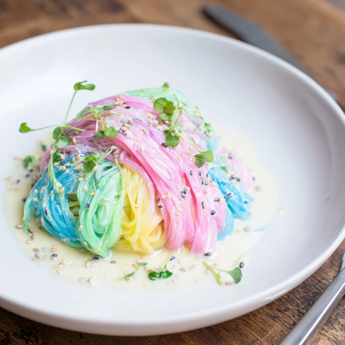 Vibrant Neon Noodle Cloud dish drizzled with creamy sauce and colorful vegetables.