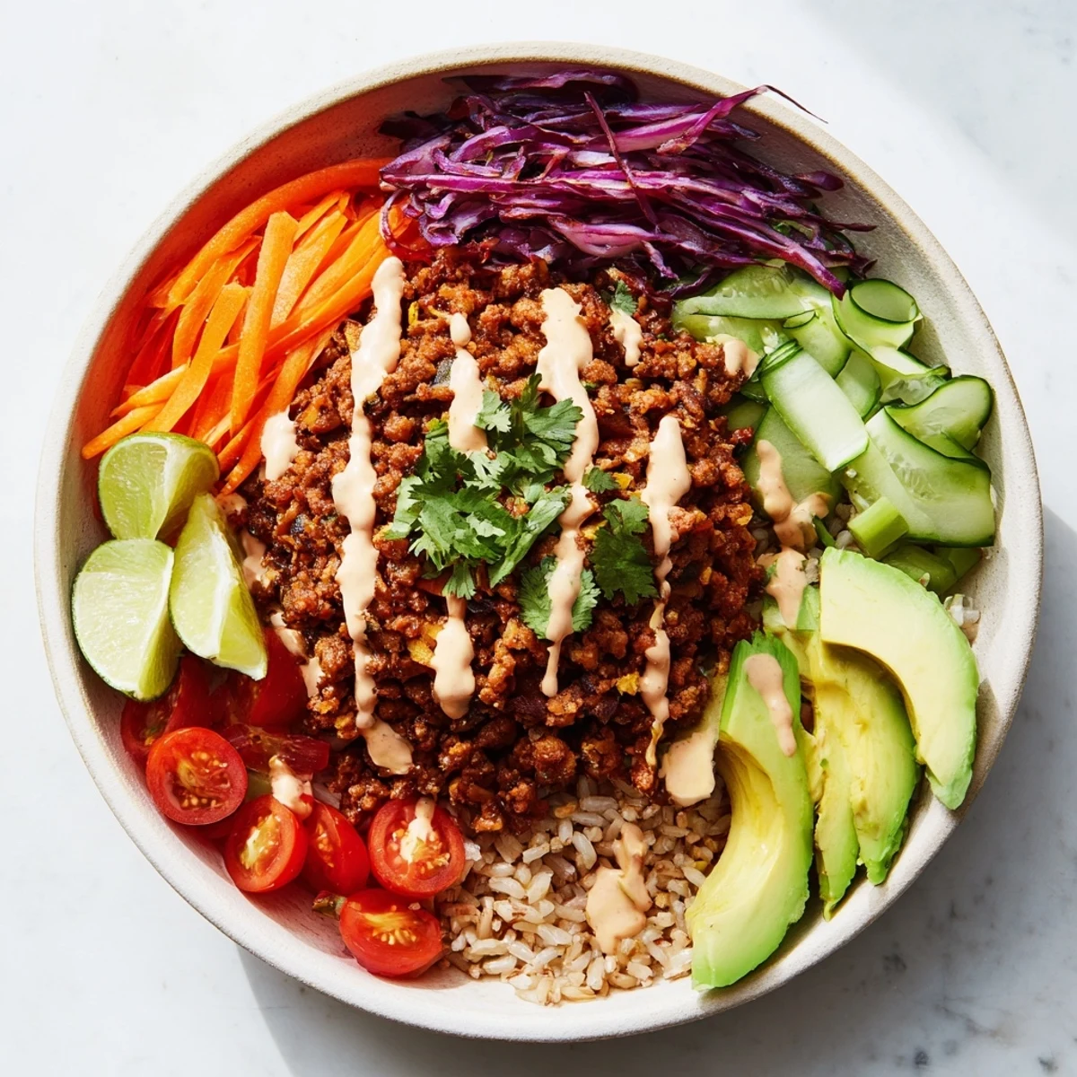 Heaping plant-based meat bowl featuring quinoa, avocado, and a creamy sriracha sauce.