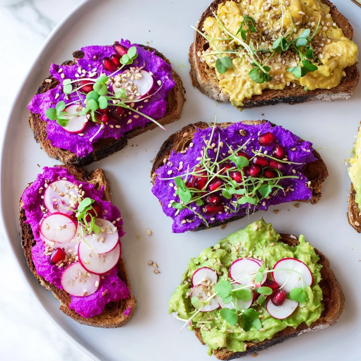 Vibrant Bright & Bold Breakfast Toasts topped with colorful ube and fresh avocado layers.  