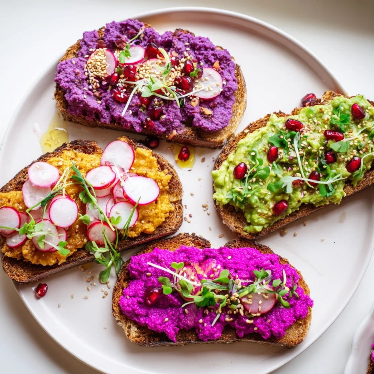 Bright & Bold Breakfast Toasts drizzled with olive oil, showcasing ube and avocado delights.