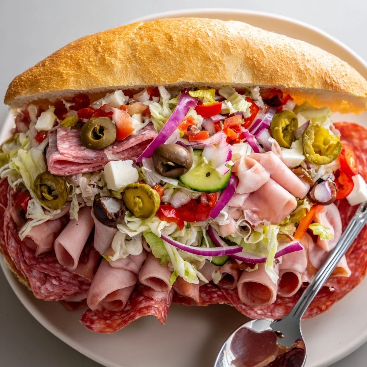 Vibrant Flavor Mash-Up Sandwiches stacked high with Italian meats and fresh veggies.  