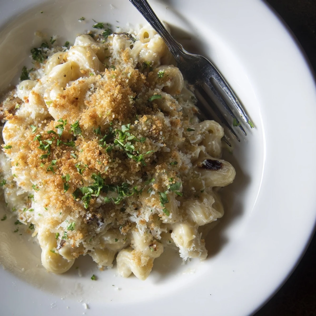Decadent Truffle Macaroni & Cheese topped with golden panko and fresh herbs.  