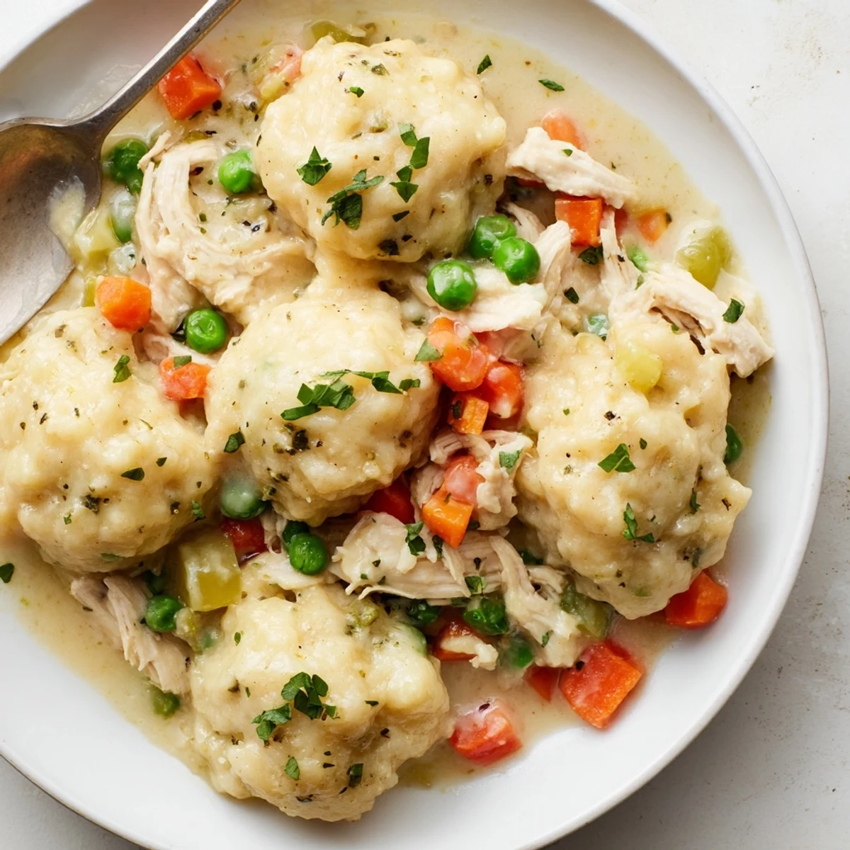 Creamy Chicken and Dumplings Casserole topped with fluffy dumplings and fresh herbs.  