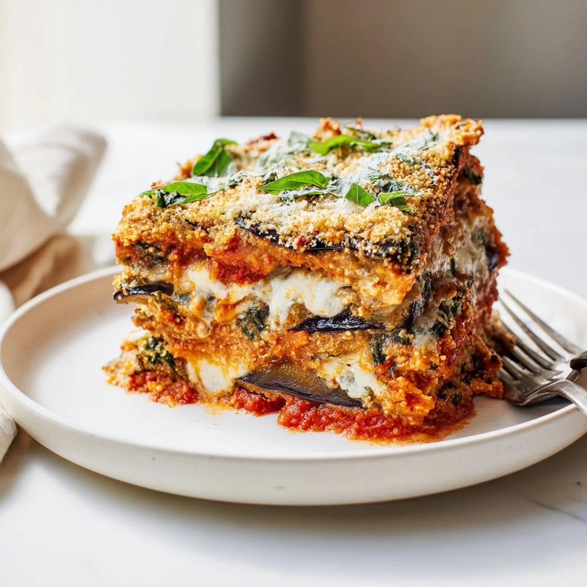 Golden eggplant Parmesan lasagna layers with rich tomato sauce and creamy cheese.