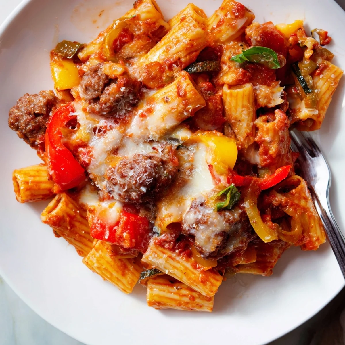 A bubbling dish of Baked Rigatoni with Sausage & Peppers, topped with melted cheese.  