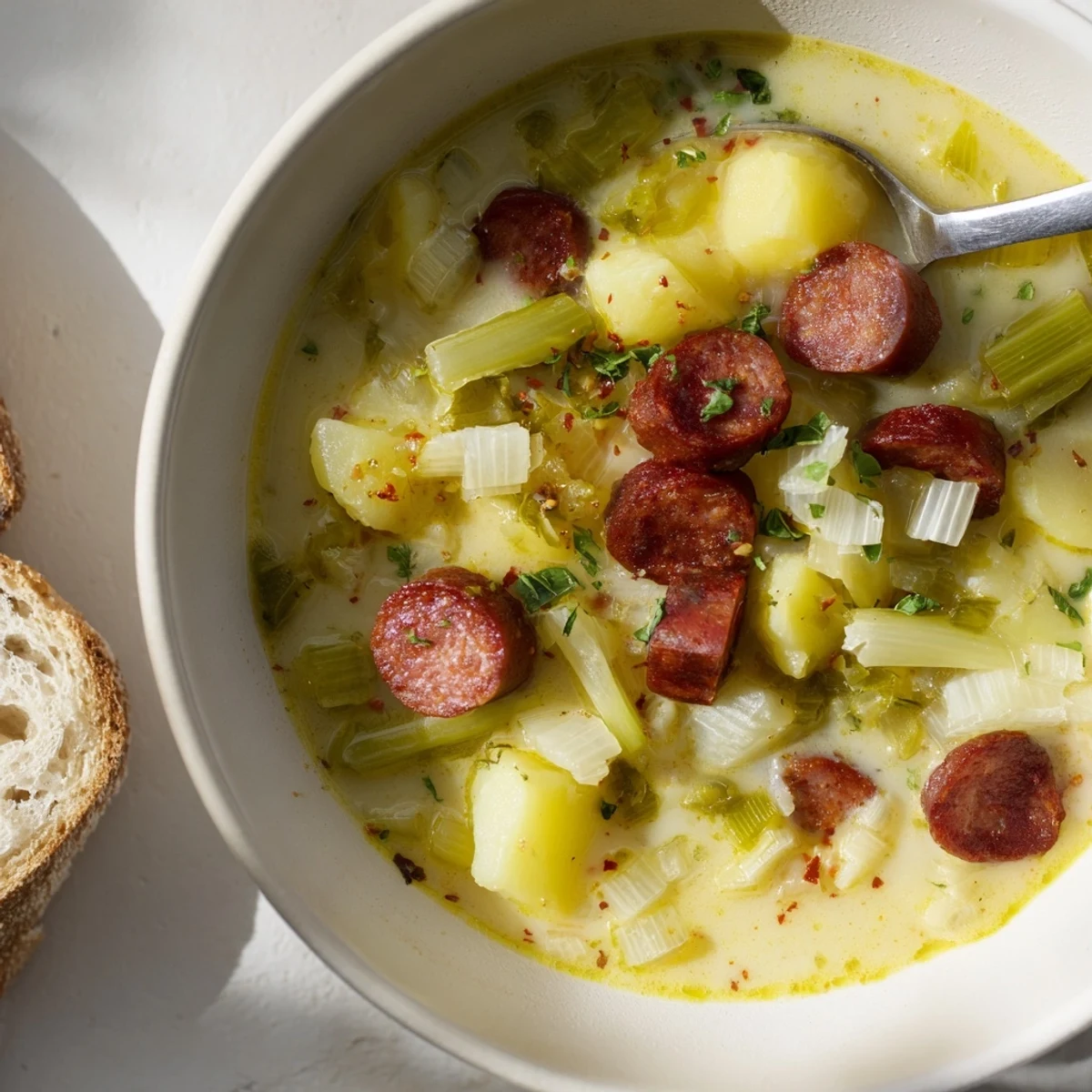 A steaming bowl of Potato, Leek & Chorizo Soup garnished with fresh parsley.  