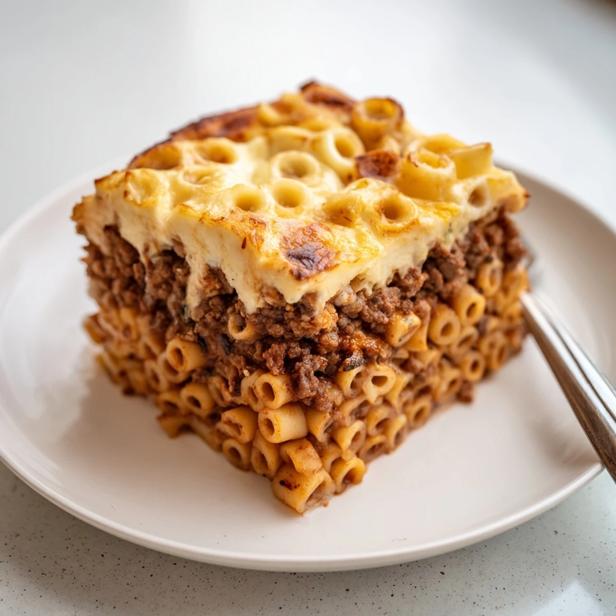 Savory Greek Pastitsio layered with pasta, beef, and creamy béchamel sauce.  