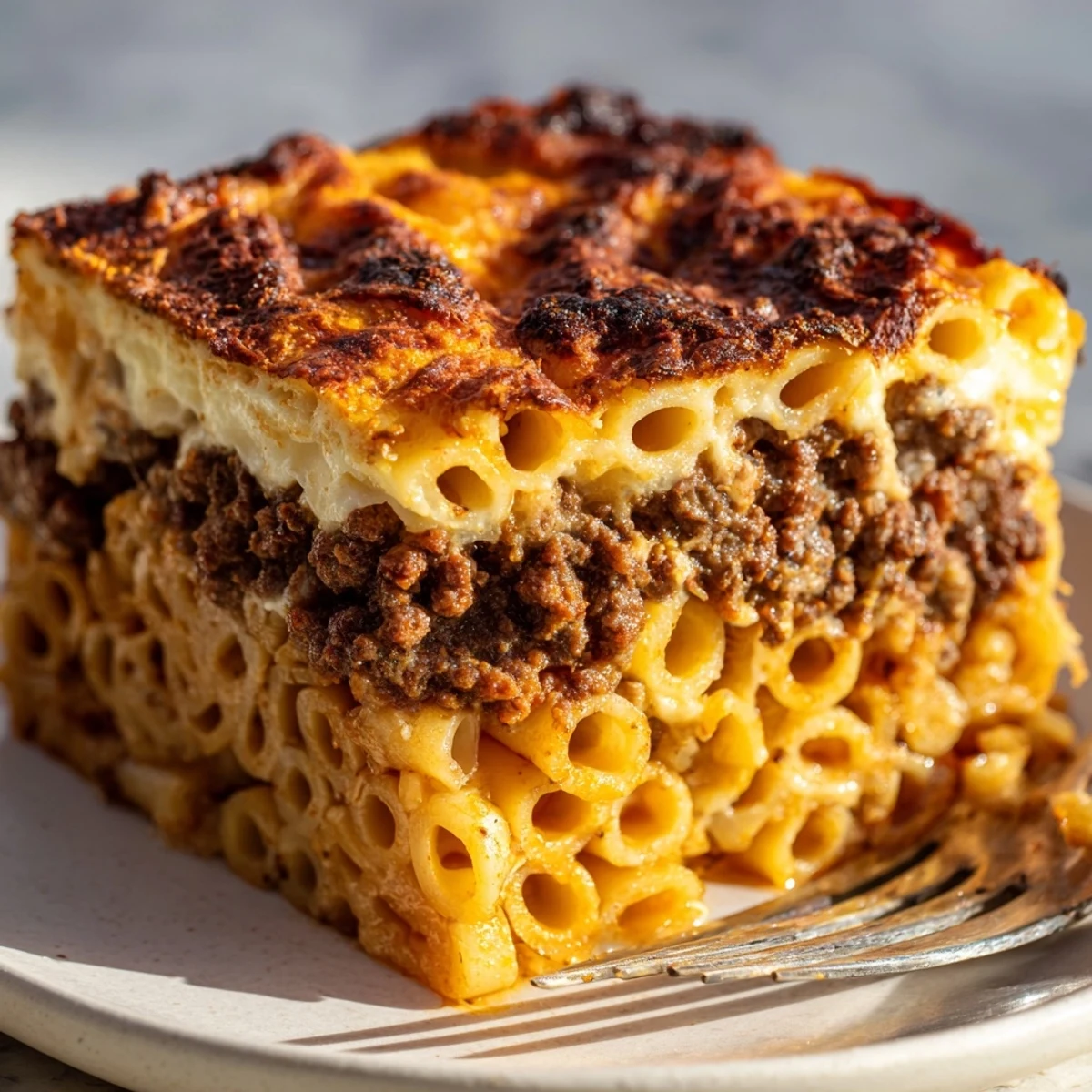 Golden baked Greek Pastitsio with rich meat sauce and decadent cheese topping.  