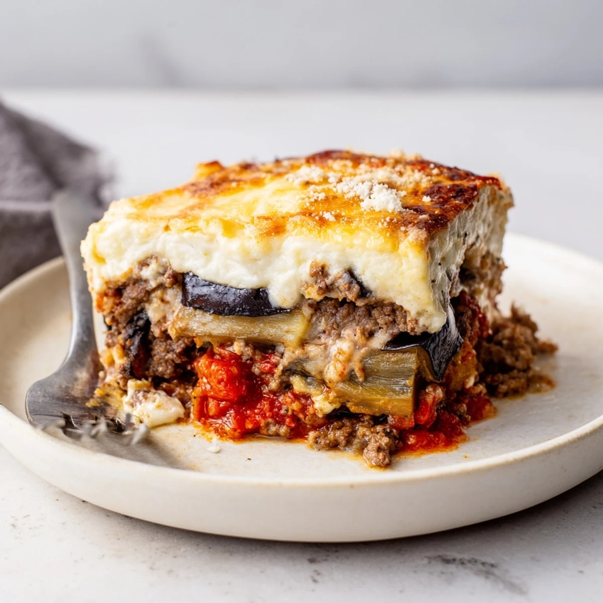 Layers of savory Moussaka with Beef & Eggplant topped with creamy béchamel sauce.