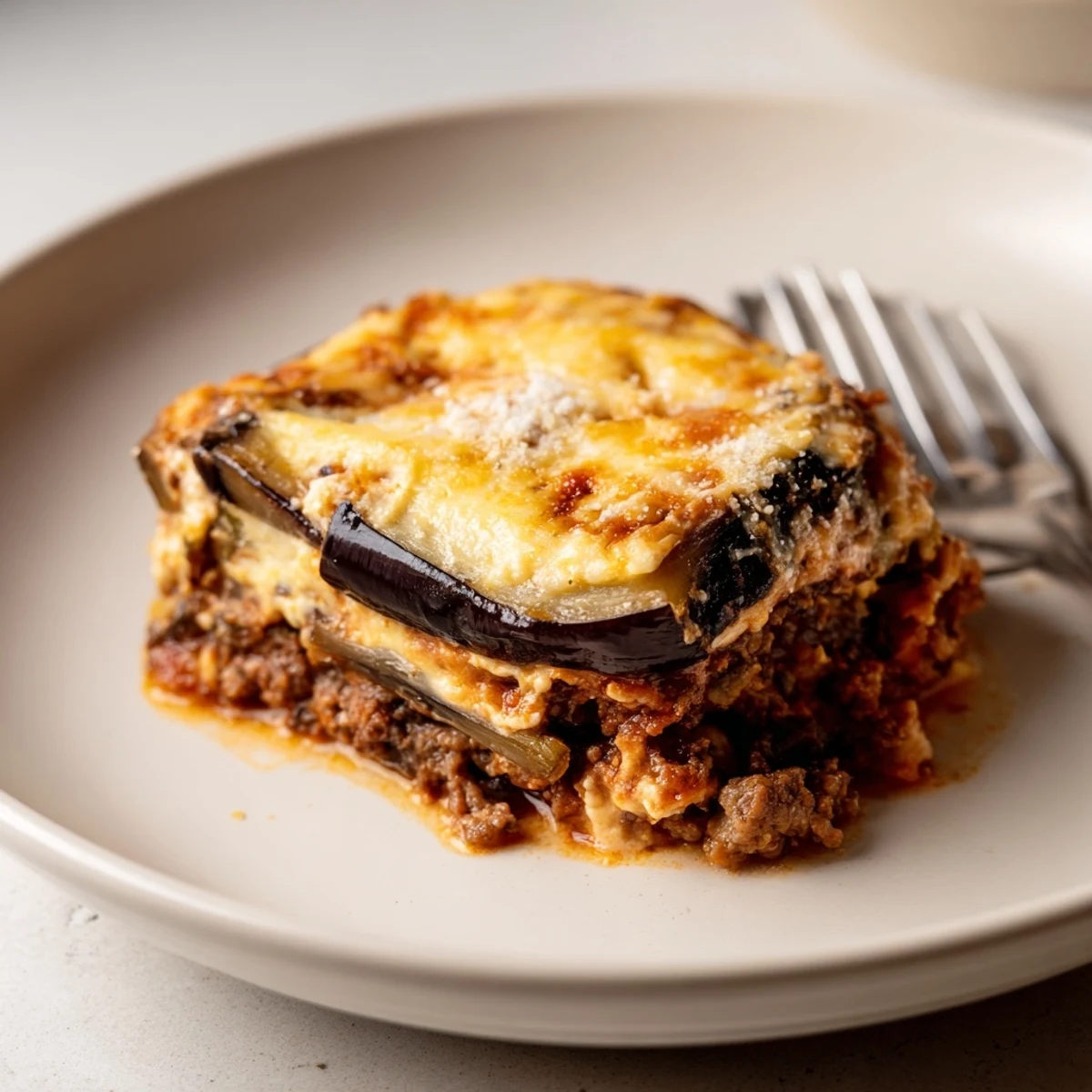 Delicious Moussaka with Beef & Eggplant served hot, melding rich flavors and textures.