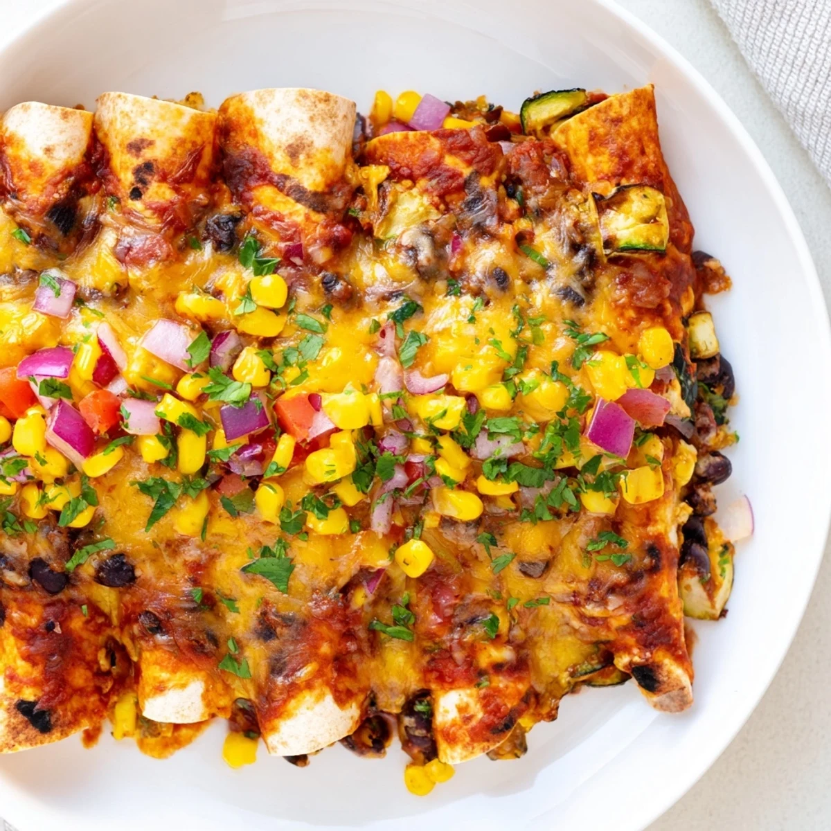 Farmers Market Vegetarian Enchiladas bubbling with cheese and a vibrant, flavorful sauce, ready for serving.