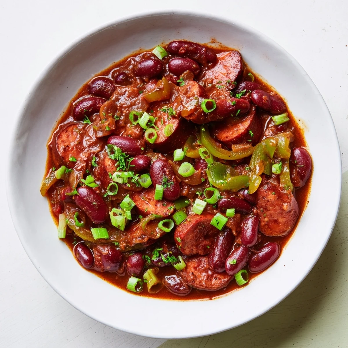Steaming Red Beans & Rice, a Creole comfort food, with sausage and savory vegetables, ready to serve.