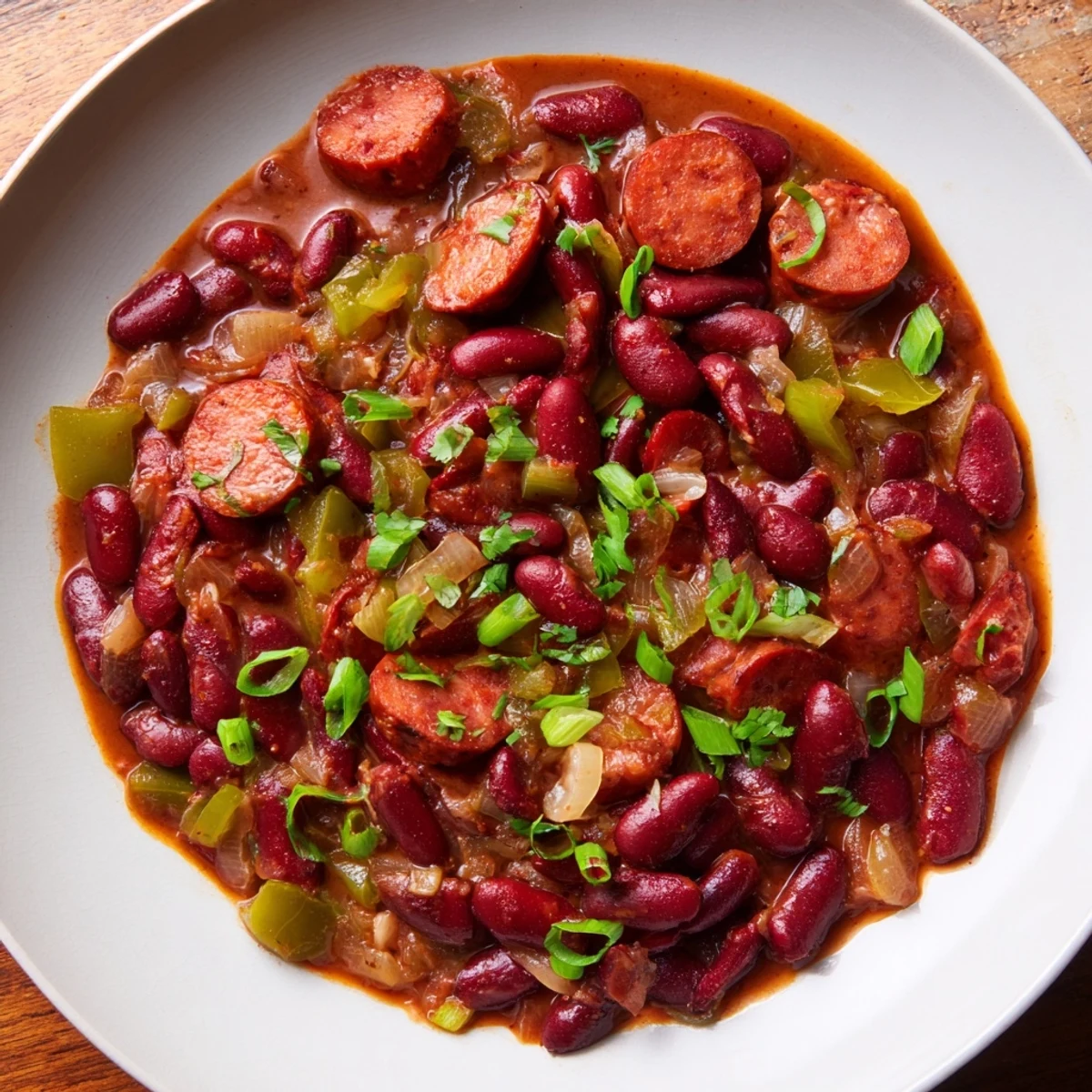 A hearty bowl of Red Beans & Rice: tender beans and sausage with fluffy rice, sprinkled with green onions.