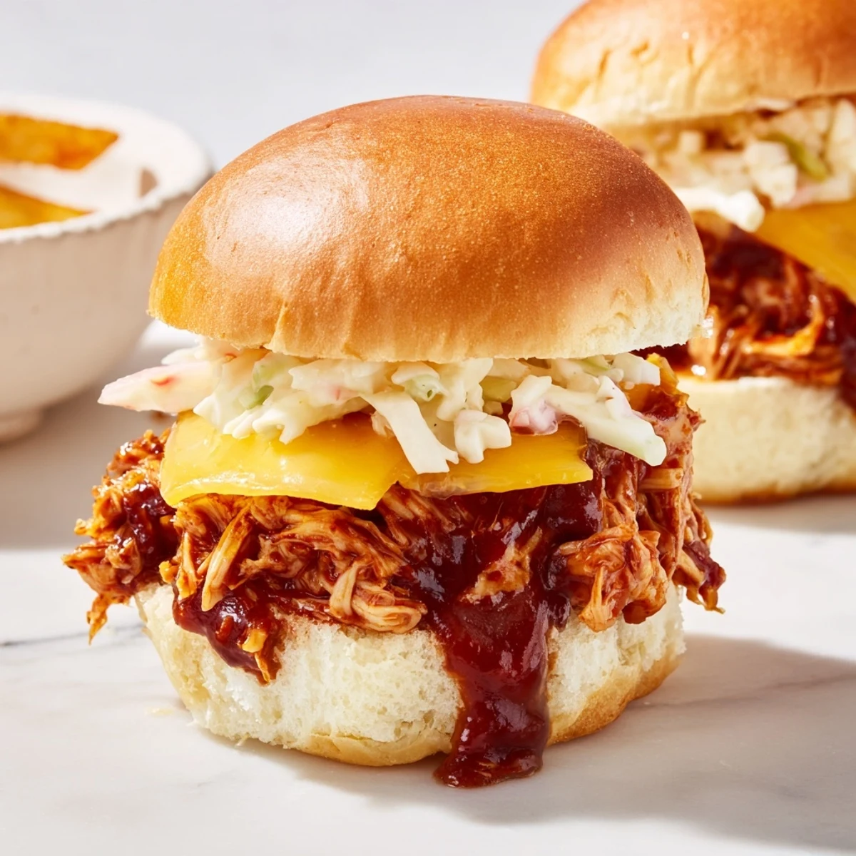 Tender BBQ Chicken Sliders on toasted buns, next to golden, crispy fries, a delicious complete meal.