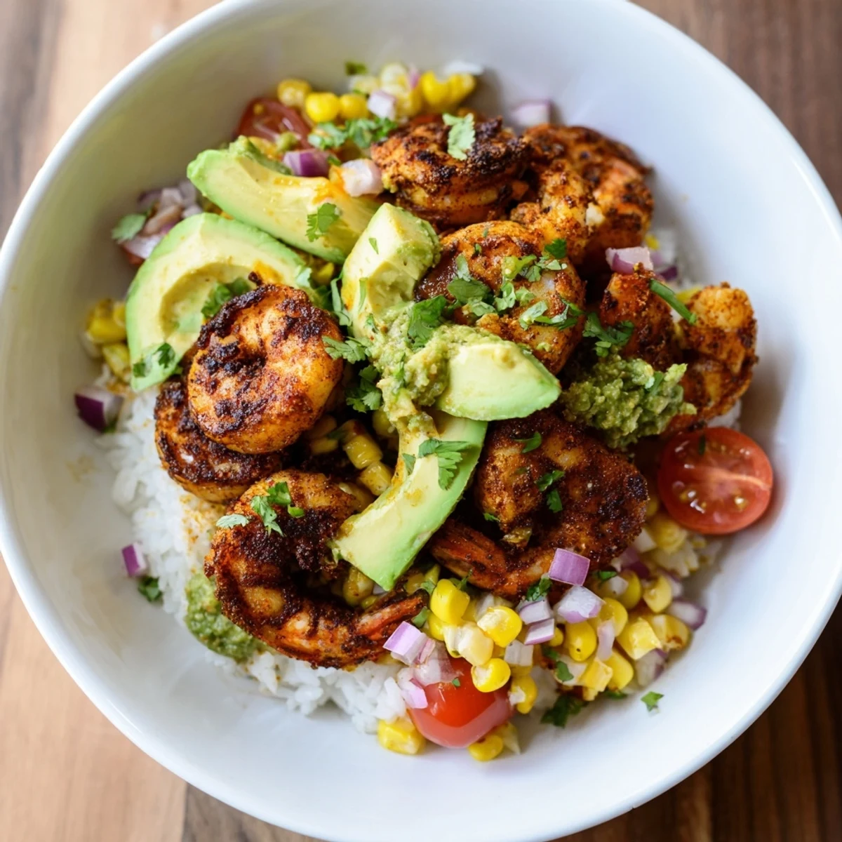 Blackened shrimp bowl sizzling in a hot skillet, topped with vibrant avocado corn salsa.