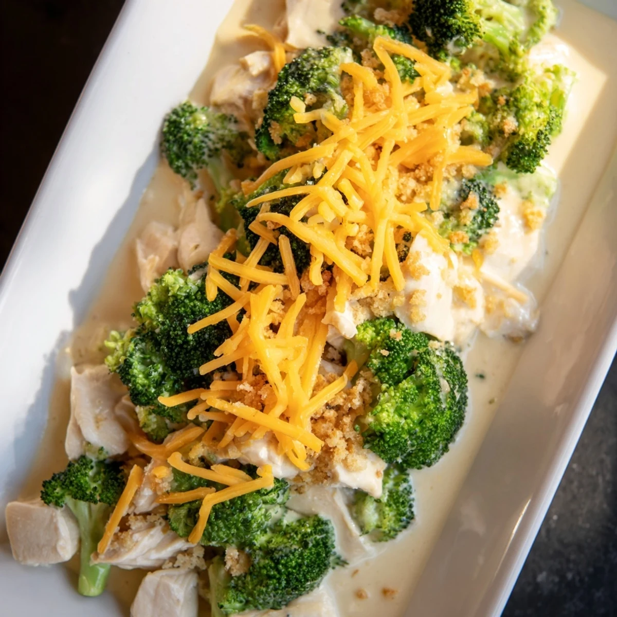 Golden-topped Chicken & Broccoli Cheddar Bake with bubbly cheese and tender chicken visible.