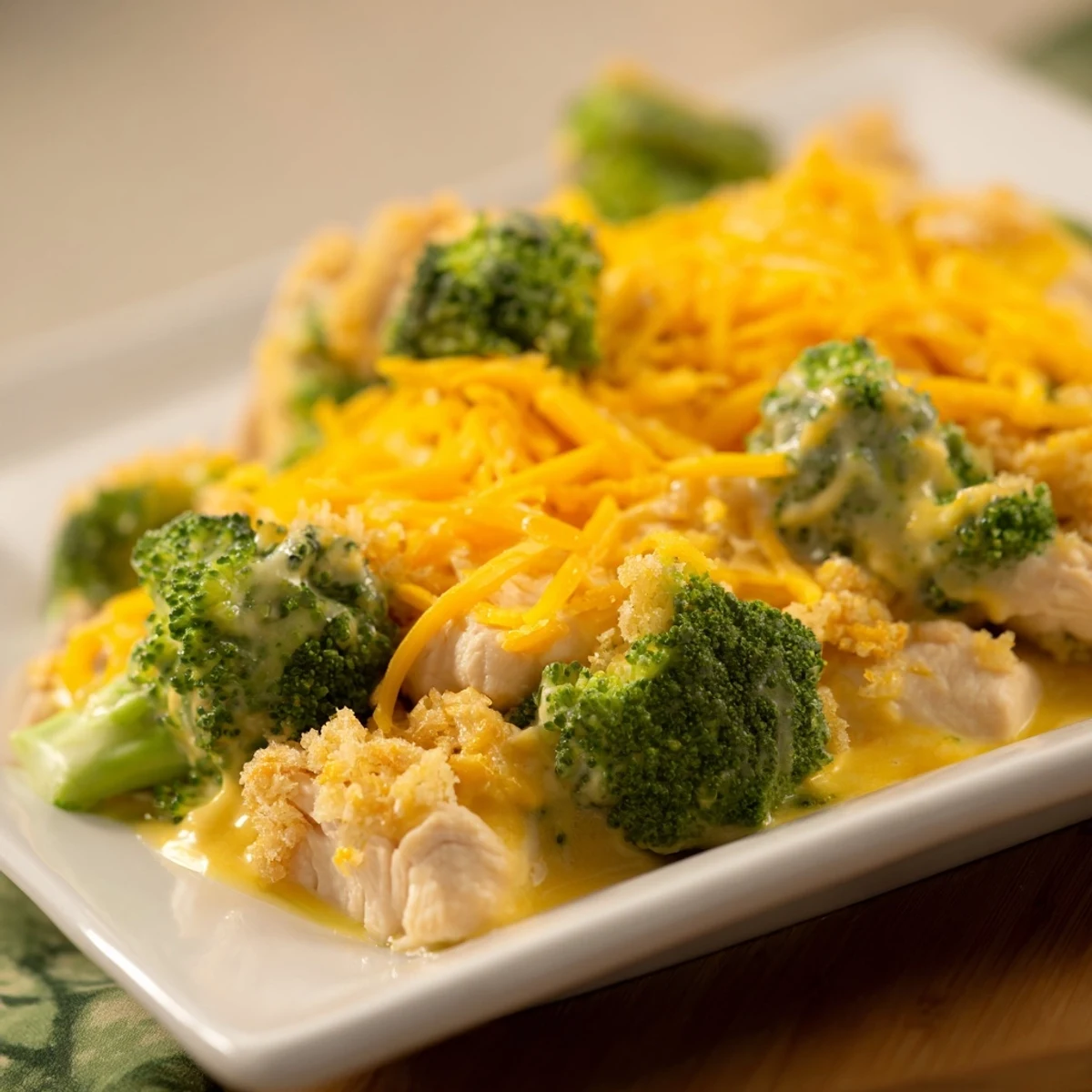 Imagine a hearty Chicken & Broccoli Cheddar Bake: savory chicken, broccoli florets, and melted cheese.