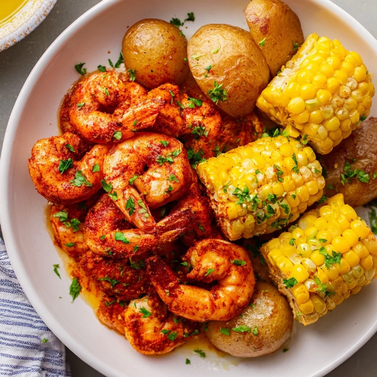 Cajun Shrimp & Sweet Corn Platter: a colorful spread of spicy shrimp, corn, and roasted potatoes, ready to serve.