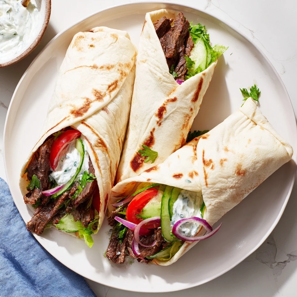 Savory Beef Shawarma wraps, filled with tender spiced meat and cooling yogurt sauce, ready to eat.