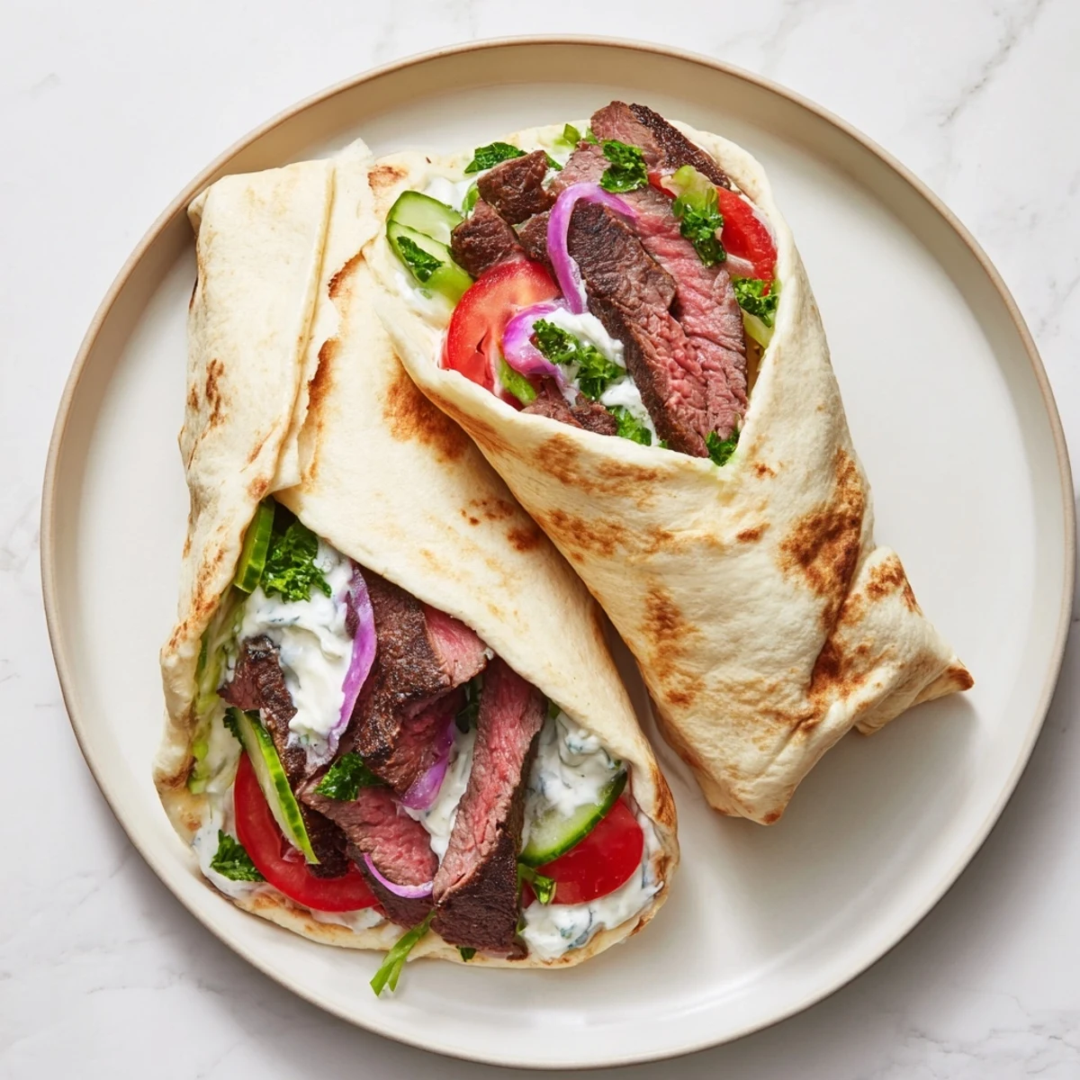 View of a delicious Beef Shawarma wrap on a plate, featuring fresh vegetables and creamy yogurt dressing.