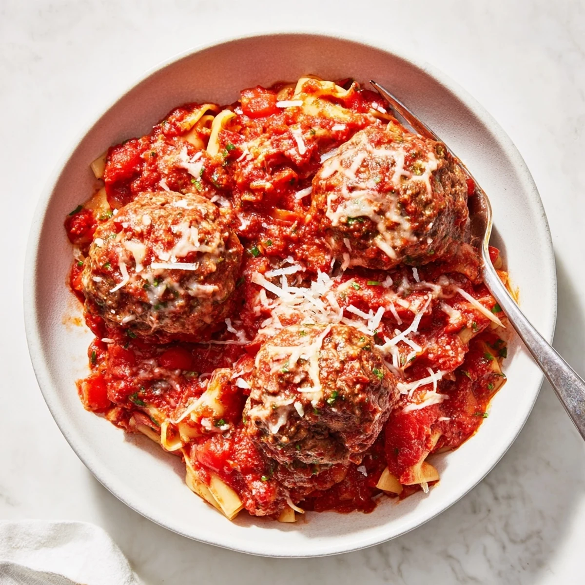 Steaming hot Italian Meatball Pasta Skillet, a family favorite with bubbly melted cheese and fresh basil.