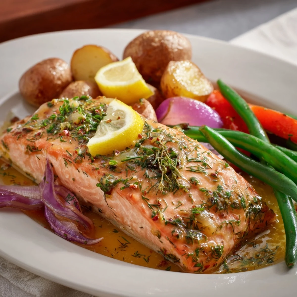 Enjoy a healthy Lemon Herb Salmon & Potato Sheet Pan dinner featuring lemon-infused salmon and roasted veggies.