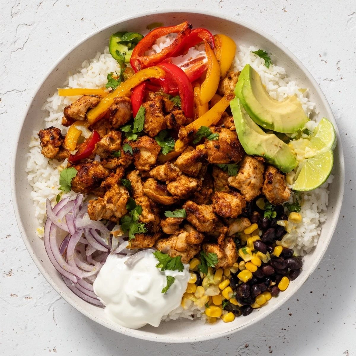 Sheet Pan Chicken Burrito Bowls, brimming with roasted chicken and colorful peppers, ready for serving.