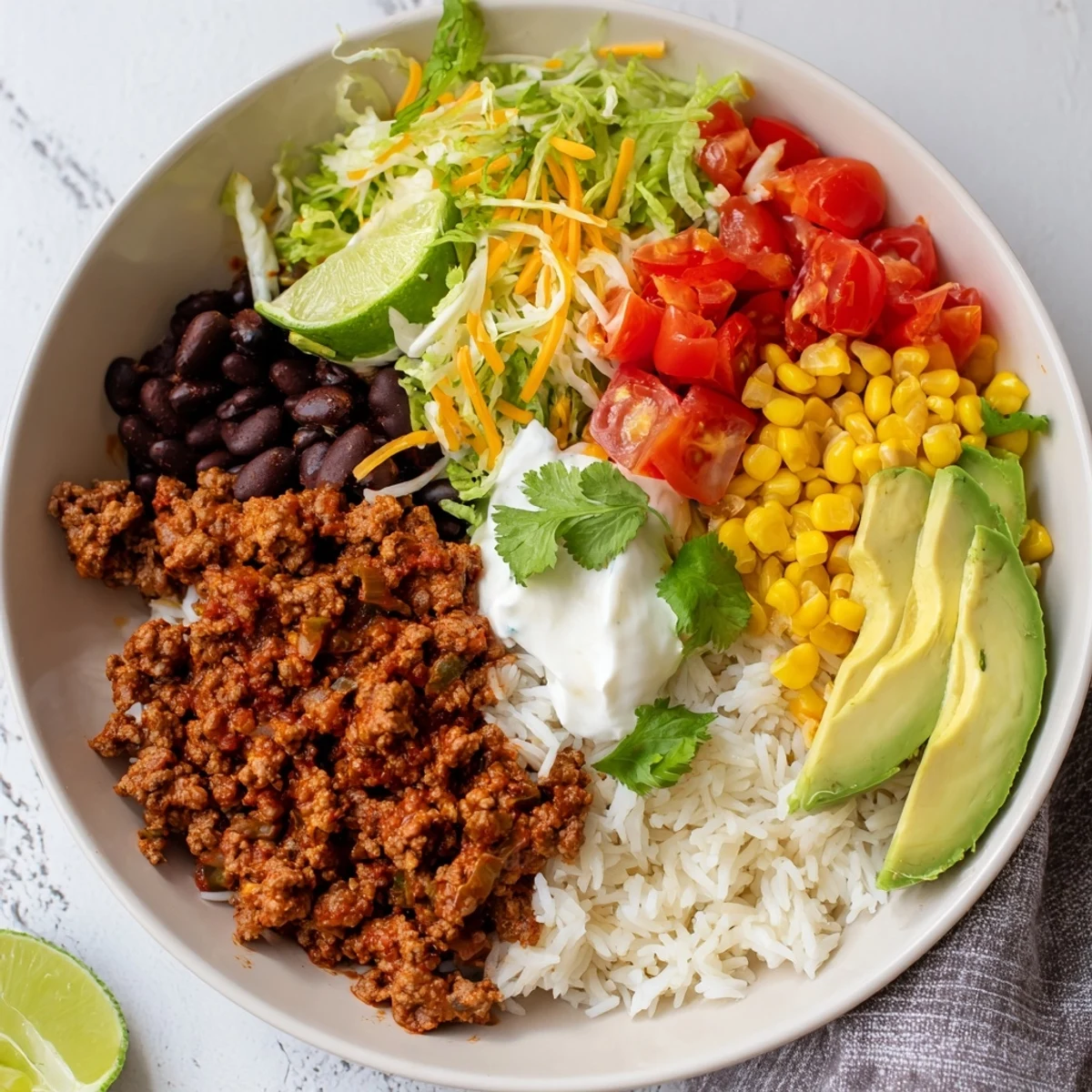 Loaded Beef Burrito Bowl, a colorful dish with seasoned beef, rice, and fresh toppings, ready to eat.