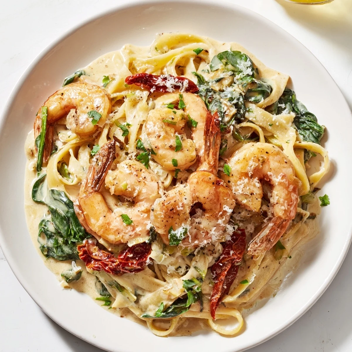 A delicious plate of Tuscan Garlic Shrimp Pasta, boasting creamy sauce and perfectly cooked shrimp.