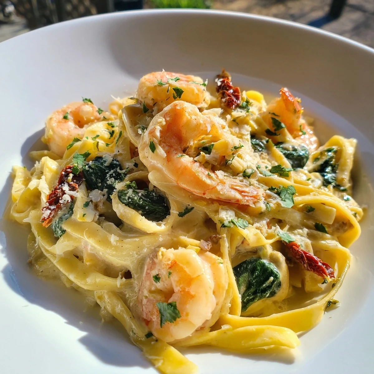 Close-up of Tuscan Garlic Shrimp Pasta: a vibrant dish with sun-dried tomatoes and fresh parsley.