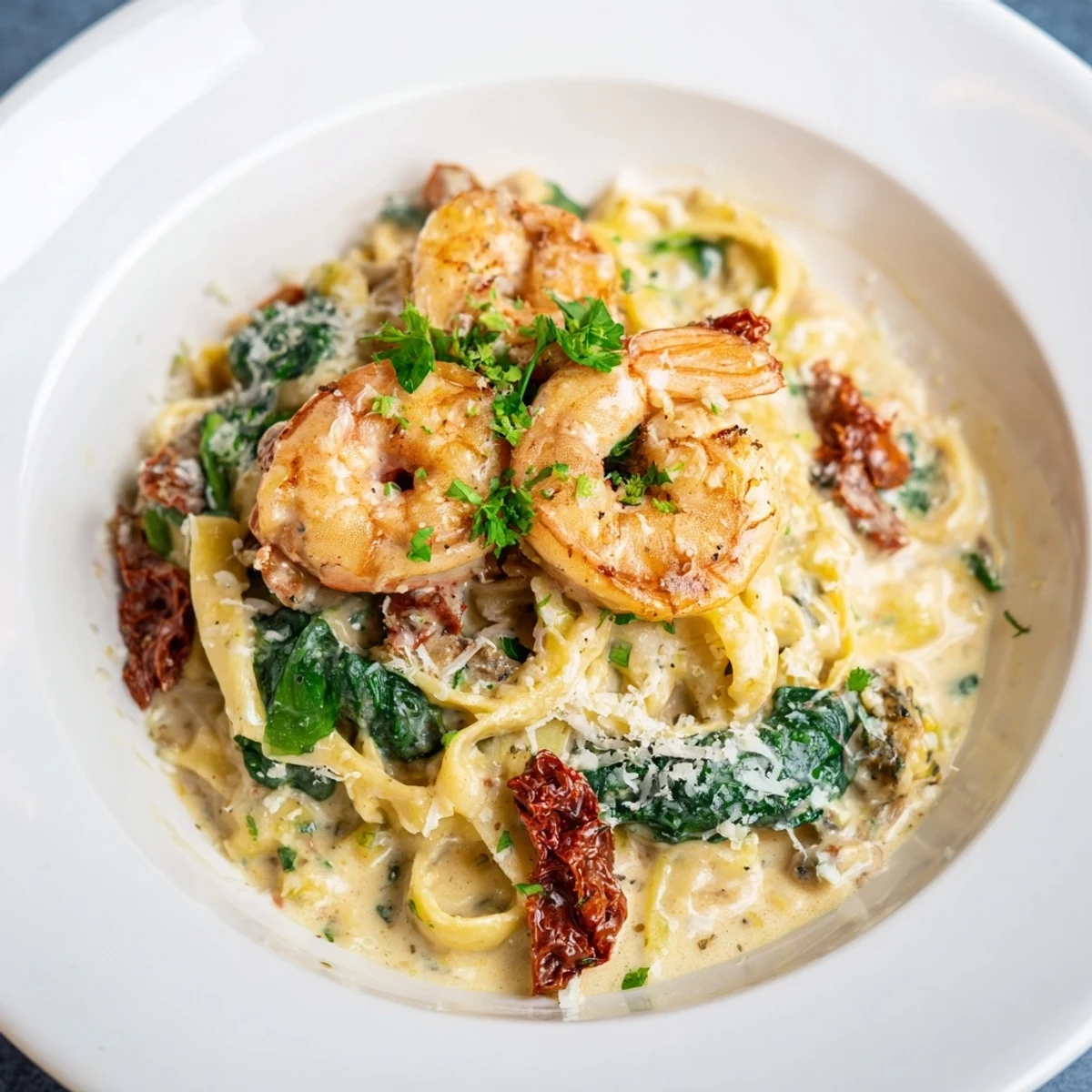 Imagine the amazing flavors: Italian Tuscan Garlic Shrimp Pasta with a rich, Parmesan cream sauce.
