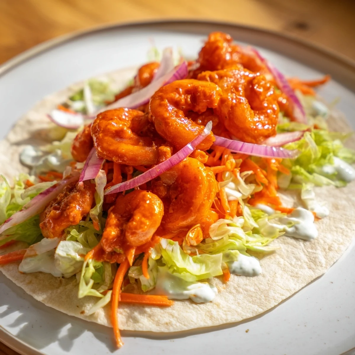 Golden, saucy Buffalo Shrimp Wraps filled with crunchy vegetables and creamy, cool ranch dressing.