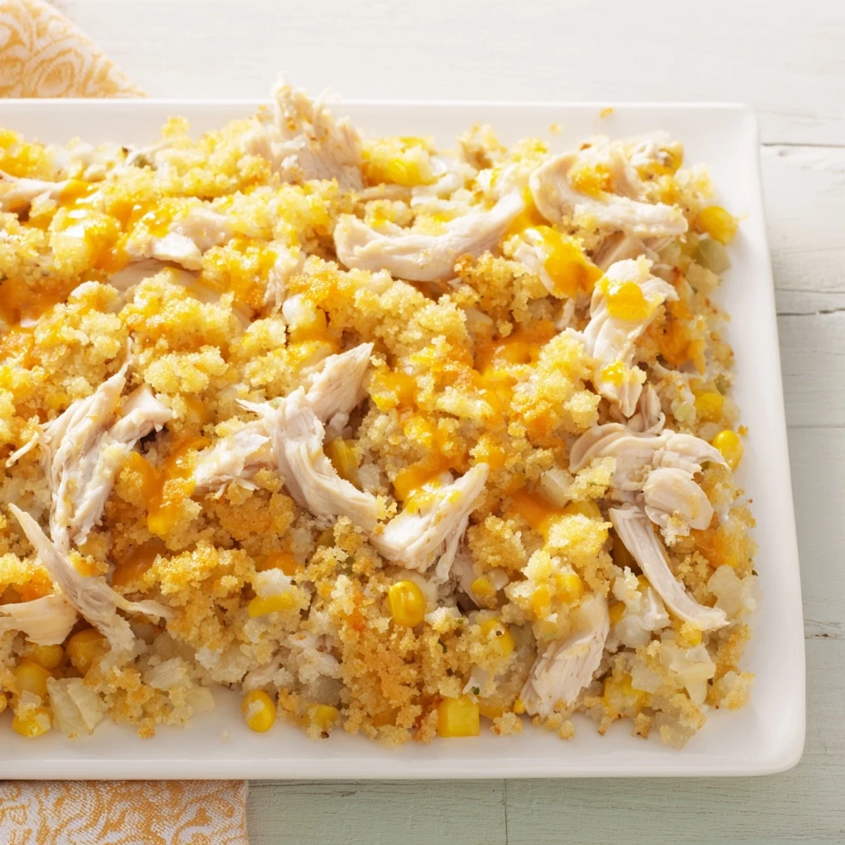 A close-up of a bubbling Southern Cornbread Chicken Casserole with a crispy cornbread crust.