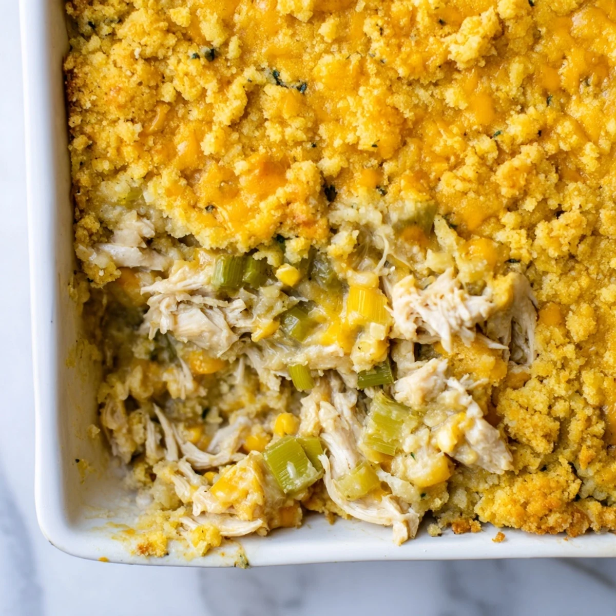 Creamy chicken filling under a golden cornbread topping in a delicious Southern Cornbread Casserole.