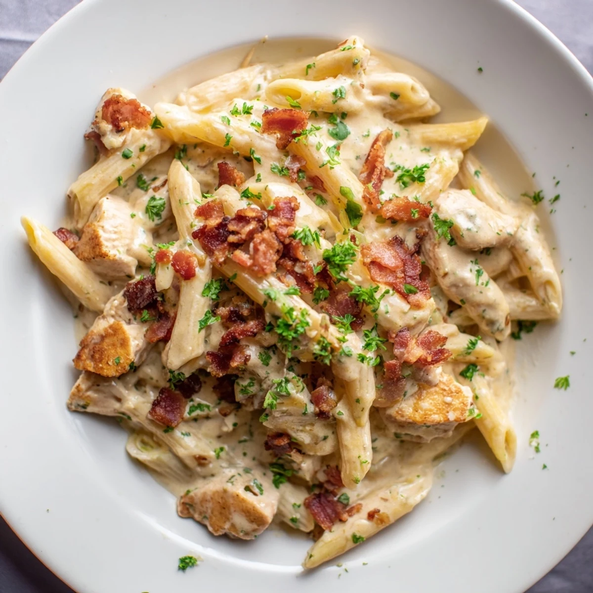 Creamy Ranch Chicken & Bacon Penne pasta, golden chicken pieces, and crispy bacon, ready to enjoy.