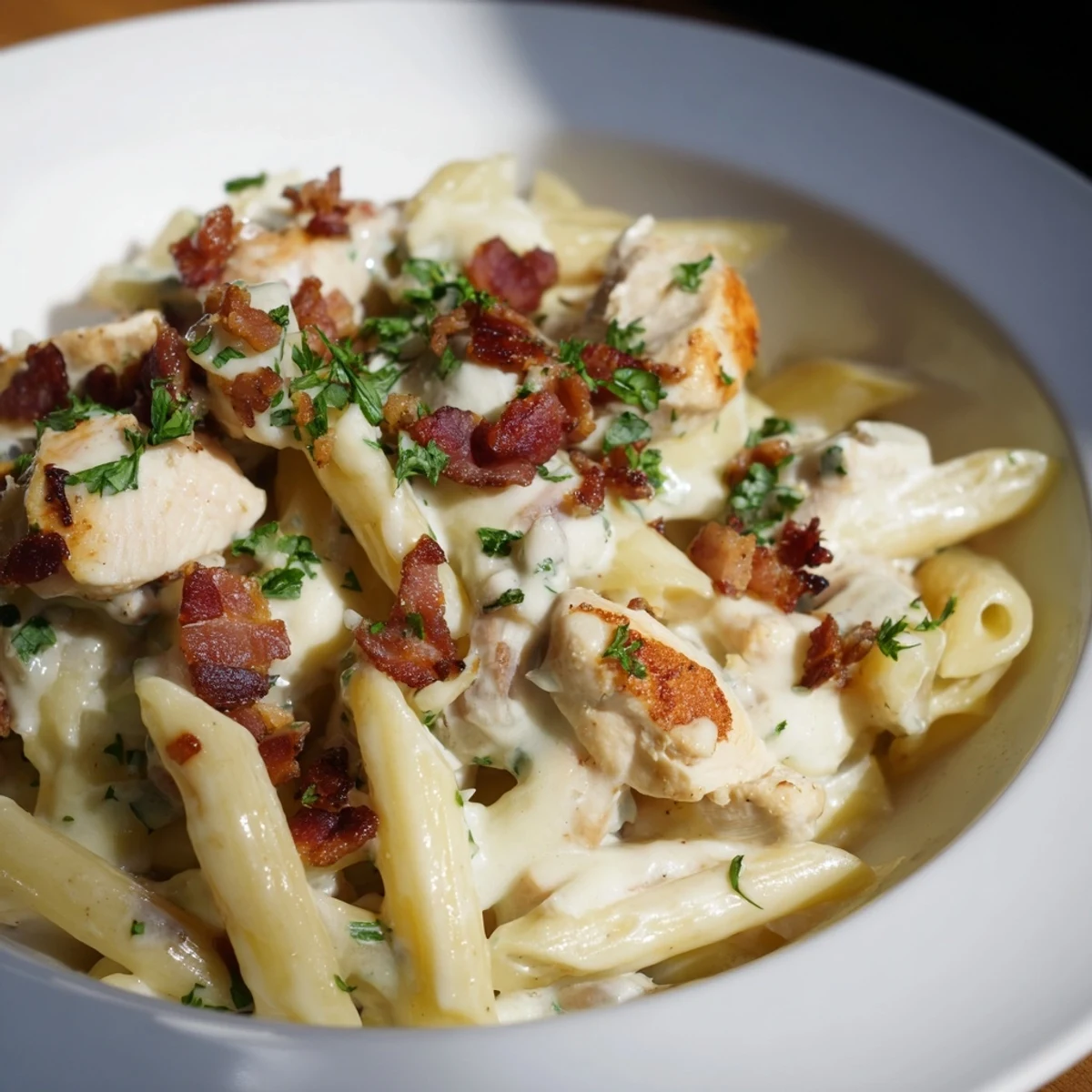 A delicious bowl of Ranch Chicken & Bacon Penne, highlighted with Parmesan cheese and fresh herbs.