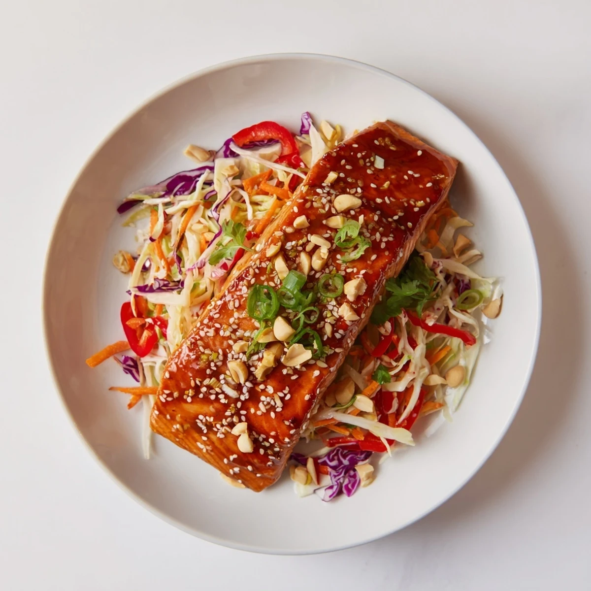 Enjoy a fresh, flavorful bowl of teriyaki salmon with crisp Asian slaw, a quick and easy recipe.